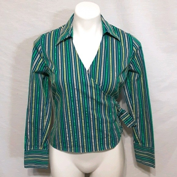 Valerie Stevens Pinstripe Wrap Top PS Metallic Accents Office Casual Work Look - Picture 3 of 6